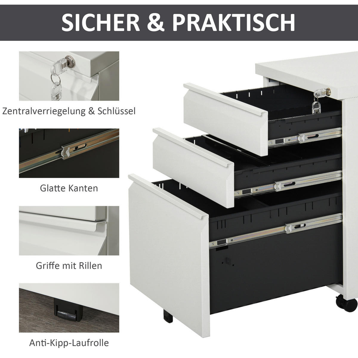 Rollcontainer 924-024WT weiß B/H/T: ca. 39x60x48 cm 924-024WT - weiß (39,00/60,00/48,00cm) - Vinsetto