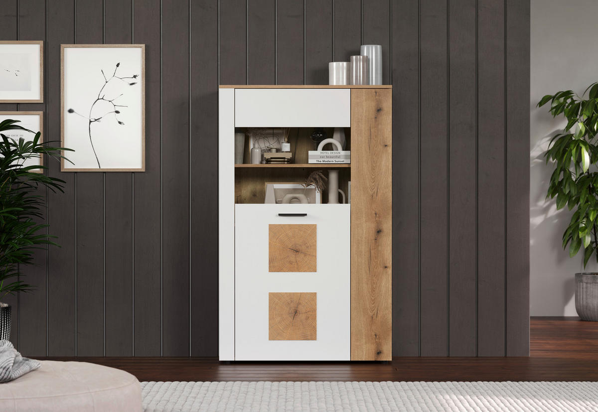 Vitrine Vitoria weiß Eiche Evoke Coast Nachbildung B/H/T: ca. 90x146x42 cm Vitoria - Eiche/weiß (90,00/146,00/42,00cm)