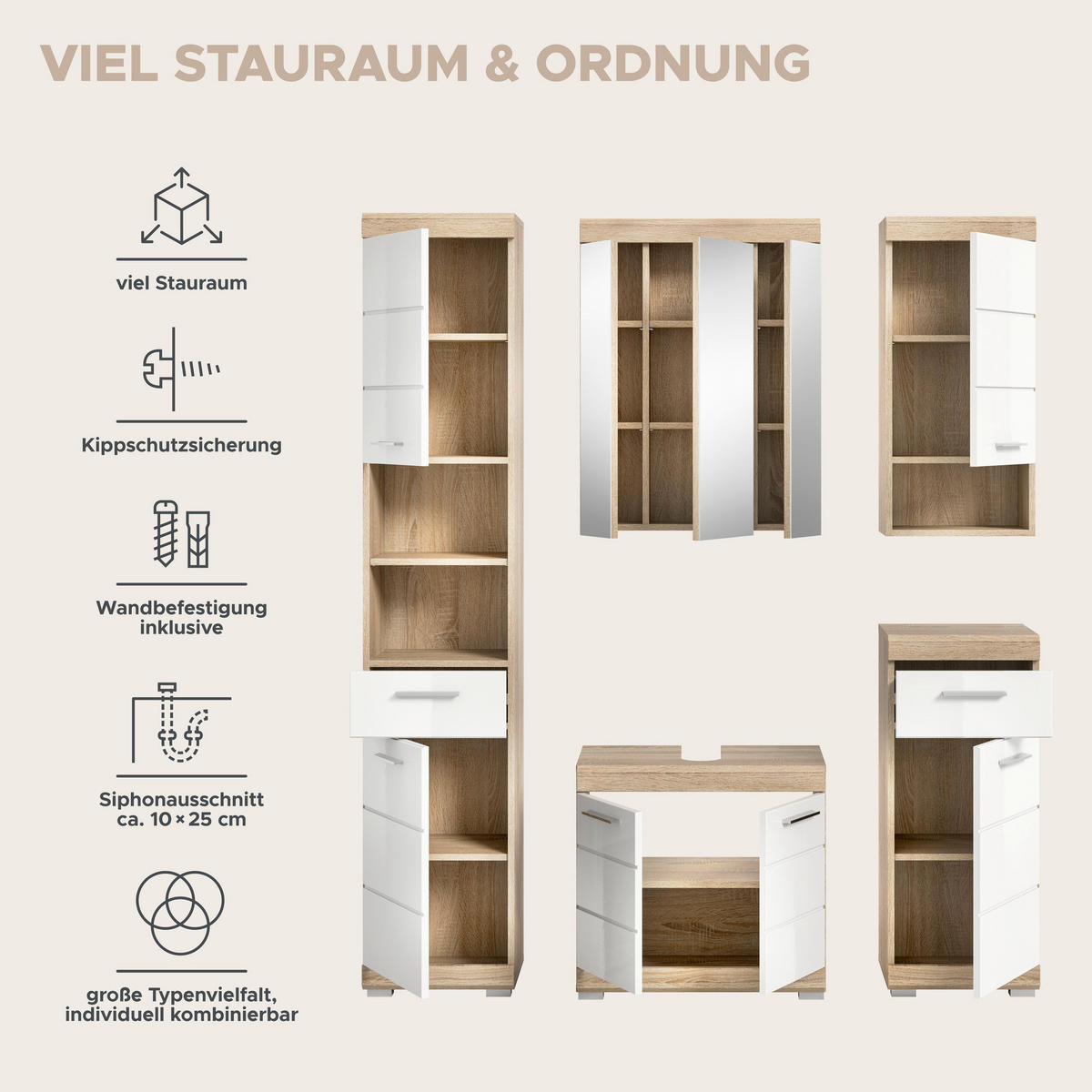 Badezimmer-Set Lambada Eiche Sonoma Nachbildung weiß Hochglanz B/H/T: ca. 164x191x34 cm Lambada - Eiche/weiß (164,00/191,00/34,00cm) - xonox.home