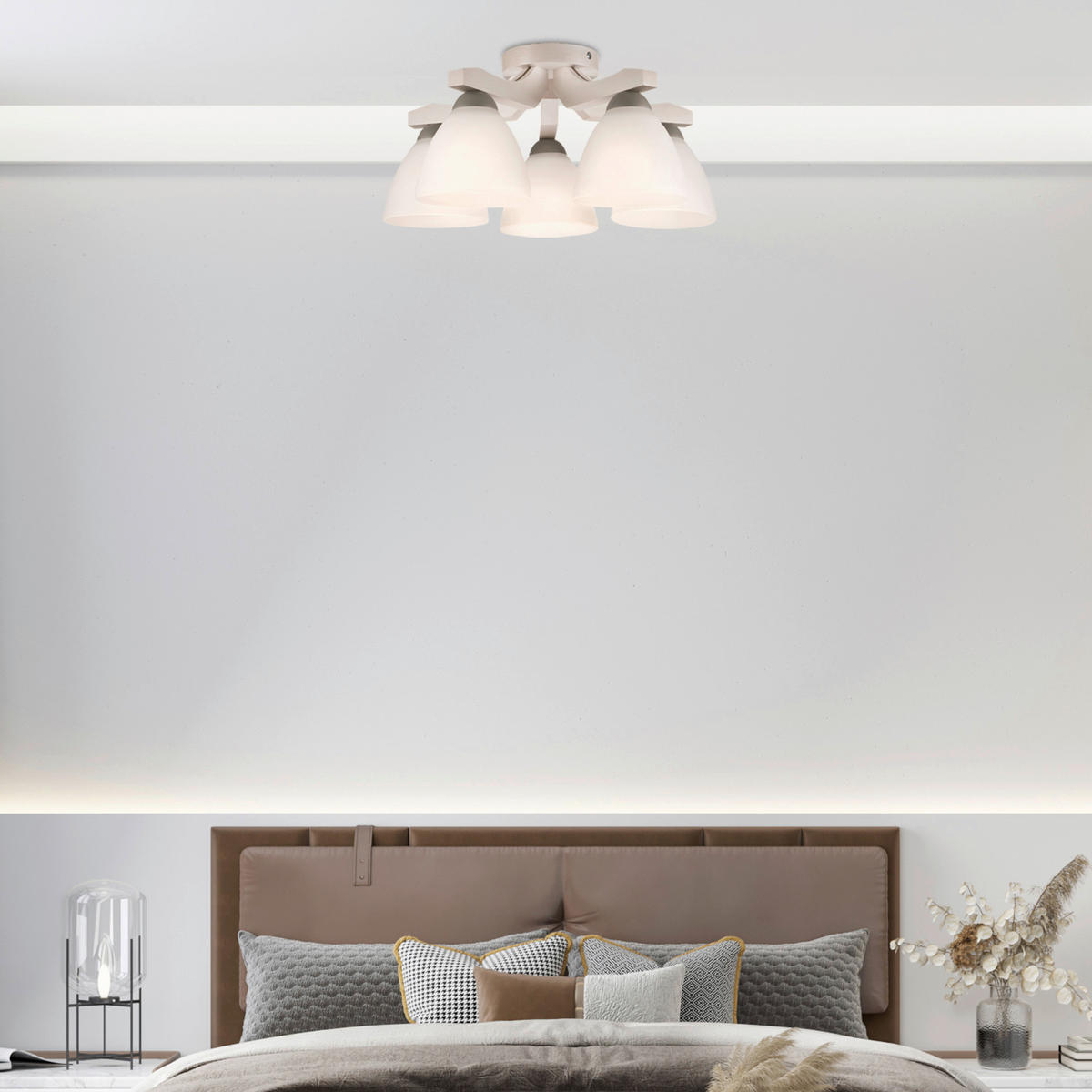 Lamkur Deckenleuchte buche weiß Stahl Glas Holz B/H/L: ca. 37x23x37 cm 5 Brennstellen Adriano - weiß/buche (37,00/37,00/23,00cm) - Lamkur