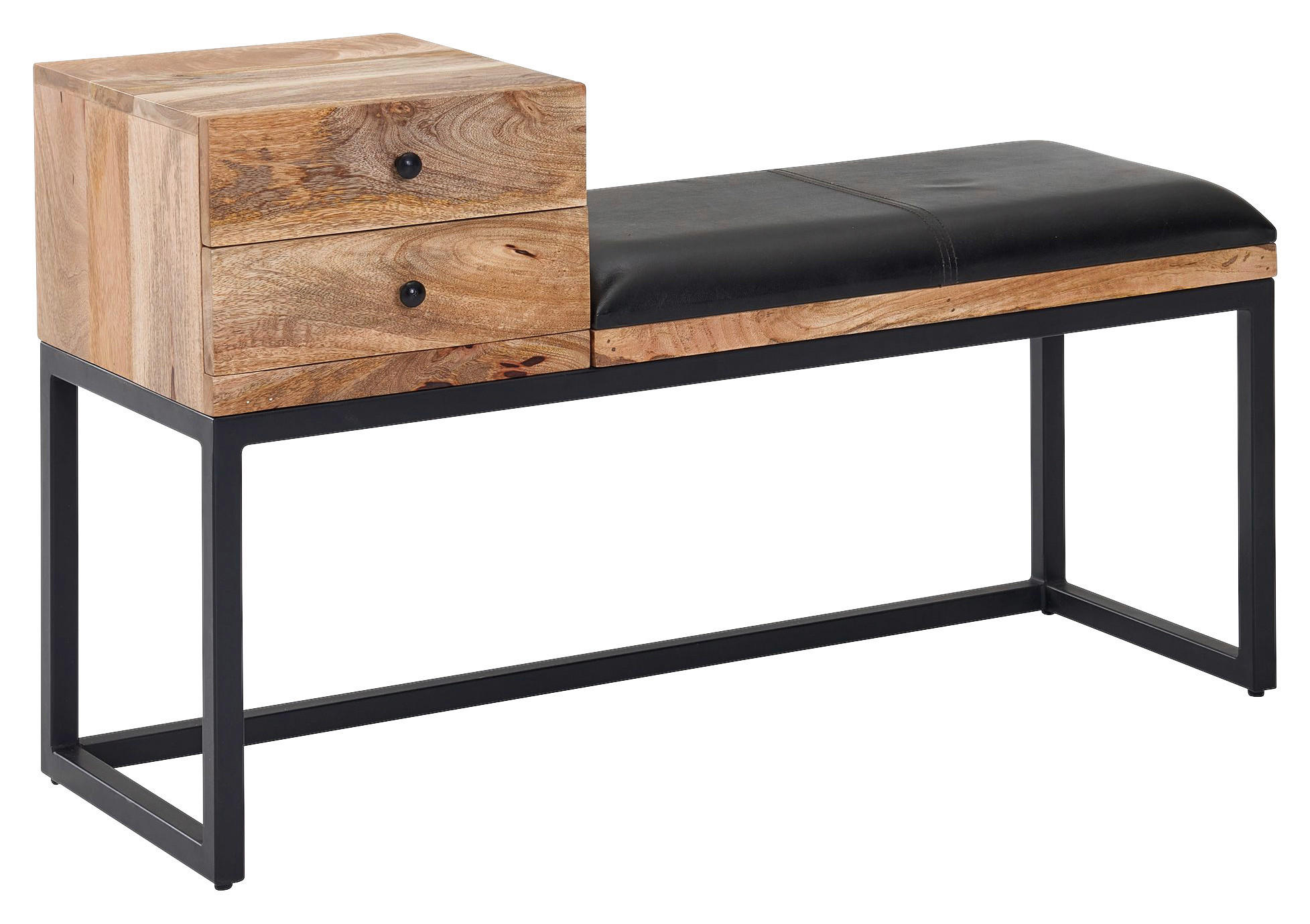 Wohnling Sitzbank natur schwarz schwarz Echtholz Leder Eisen B/H/T: ca. 100x60x35 cm Sitzbank - natur/schwarz (100,00/60,00/35,00cm) - Wohnling