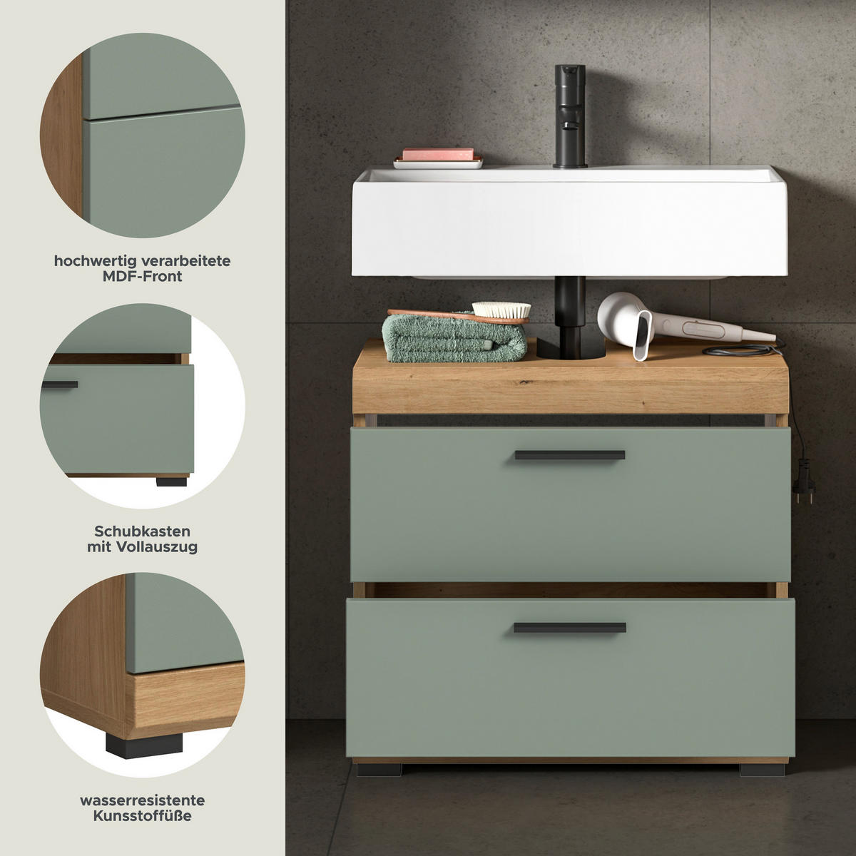 Waschbeckenunterschrank Scout Eiche Artisan Nachbildung salbei Nachbildung B/H/T: ca. 60x56x37 cm Scout - Eiche/salbei (60,00/56,00/37,00cm) - xonox.home