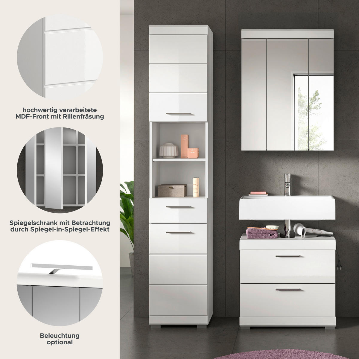 Badezimmer-Set Scout weiß weiß Hochglanz B/H/T: ca. 112x191x37 cm Scout - weiß (112,00/191,00/37,00cm) - xonox.home