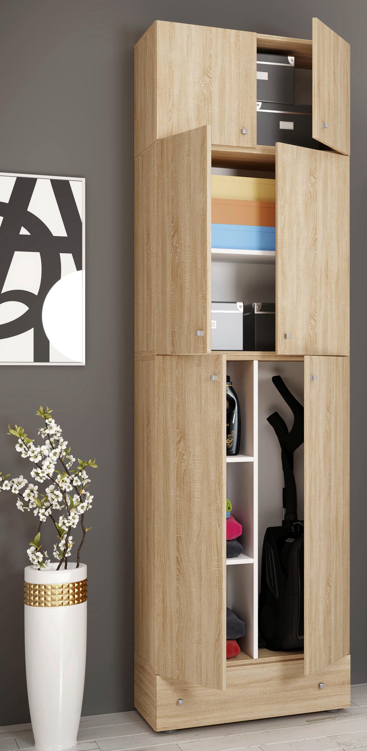 Putzschrank Lona Eiche Sonoma Nachbildung weiß B/H/T: ca. 70x240x39 cm Lona - Eiche/weiß (70,00/240,00/39,00cm) - VCM Möbel