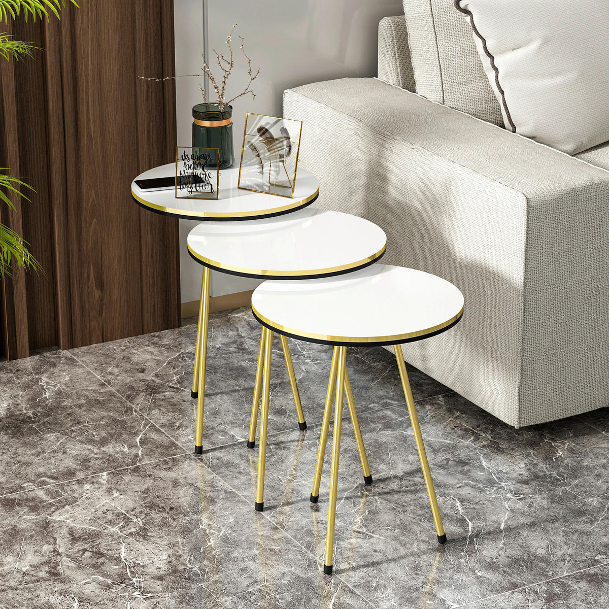 Beistelltisch 3er-Set. 21696306 weiß gold Optik Metall B/H/T: ca. 38x53,5x38 cm 3er-Set. 21696306 - gold/weiß (38,00/53,50/38,00cm) - moebel17