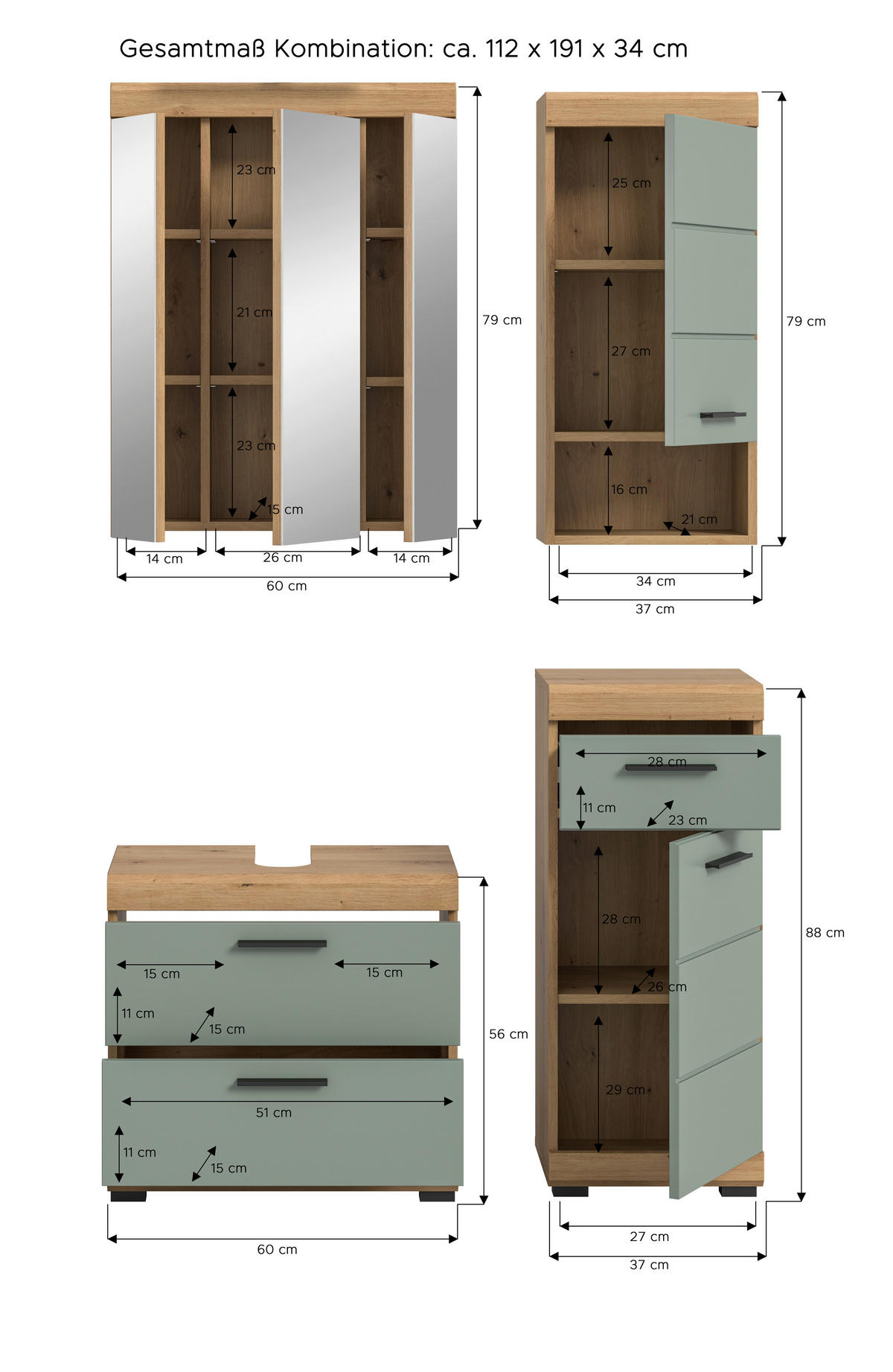 Badezimmer-Set Scout Eiche Artisan Nachbildung salbei Nachbildung B/H/T: ca. 112x191x37 cm Scout - Eiche/salbei (112,00/191,00/37,00cm) - xonox.home