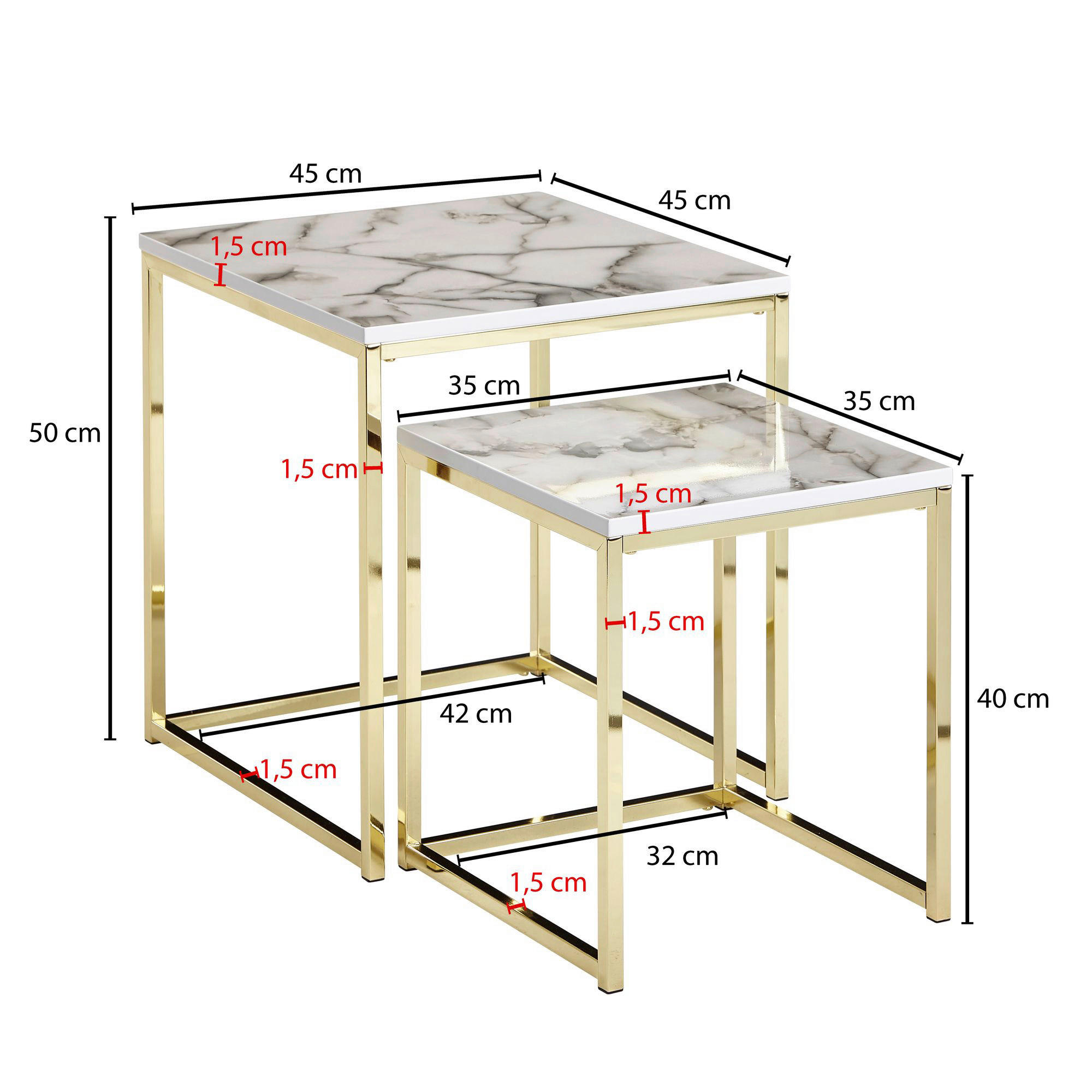 Couchtisch 2er-Set. weiß Marmor Optik gold 2er-Set. - gold/weiß - Wohnling