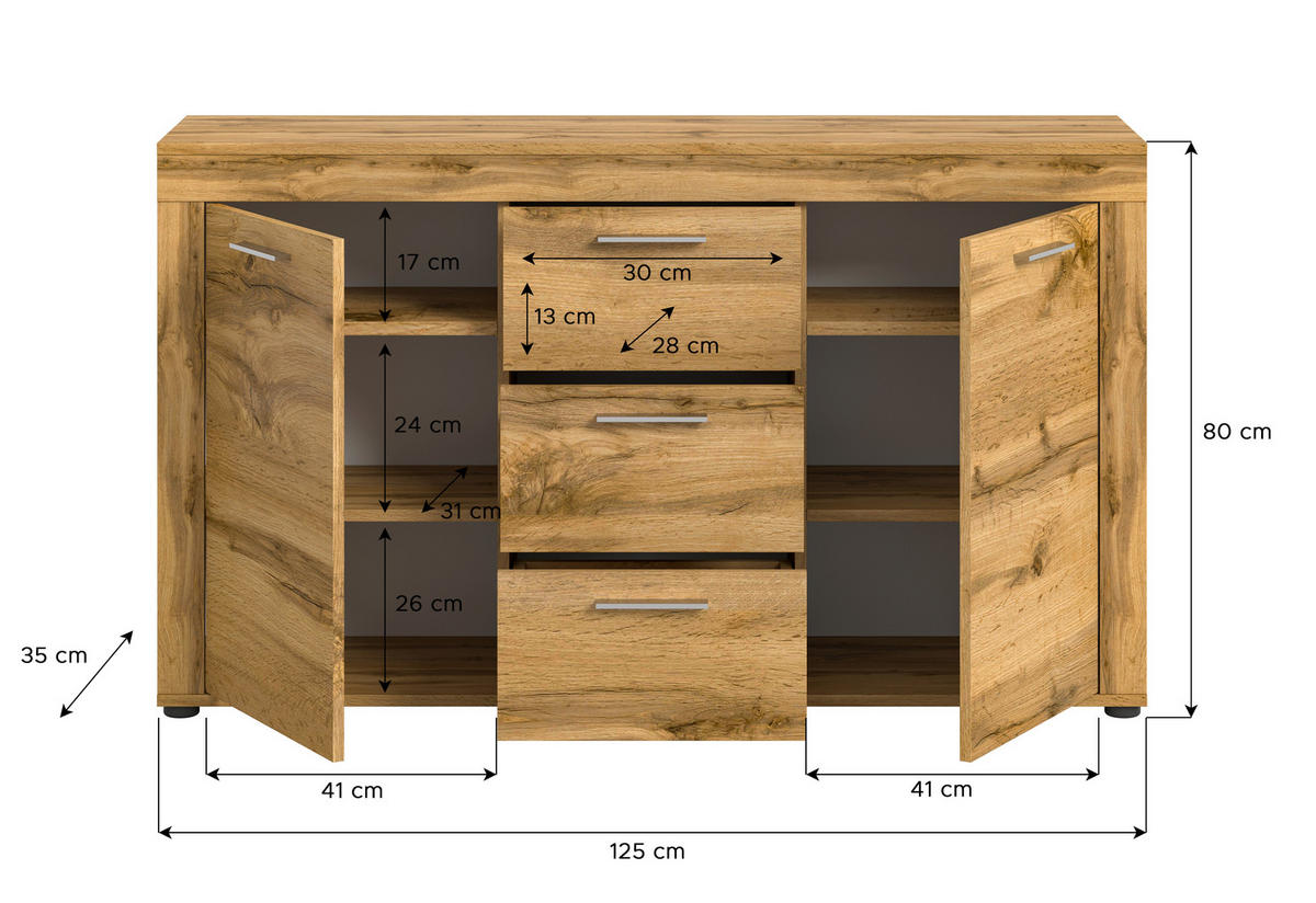 Sideboard Jam Eiche Wotan Nachbildung B/H/T: ca. 125x80x35 cm Jam - Eiche (125,00/80,00/35,00cm) - xonox.home