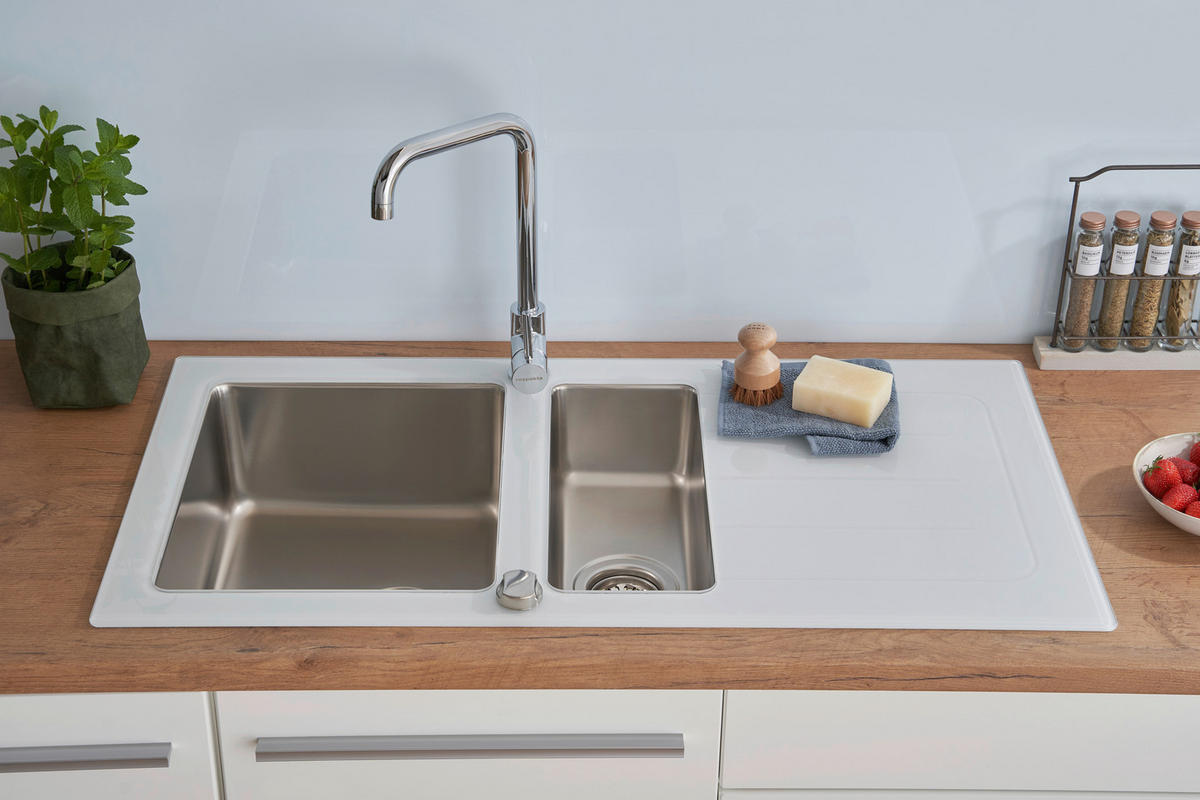 Respekta Einbauspüle New York 100 x 50 W weiß Glas Edelstahl B/H/T: ca. 100x21x50 cm New York 100 x 50 W - weiß (100,00/21,00/50,00cm) - Respekta