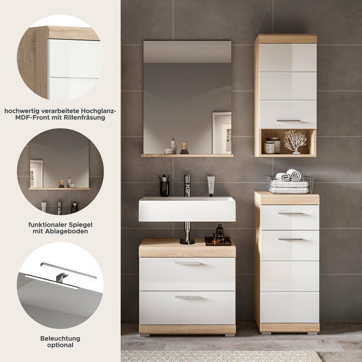 Badezimmer-Set Lambada Eiche Sonoma Nachbildung weiß Hochglanz B/H/T: ca. 112x191x37 cm Lambada - Eiche/weiß (112,00/191,00/37,00cm) - xonox.home