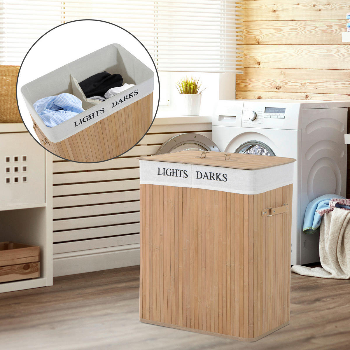 Wäschekorb mit 2 Tragegriffen natur Bambus Stoff Kunststoff B/H/L: ca. 32x63x52 cm Wäschekorb 850-020 - natur (52,00/32,00/63,00cm) - HOMCOM