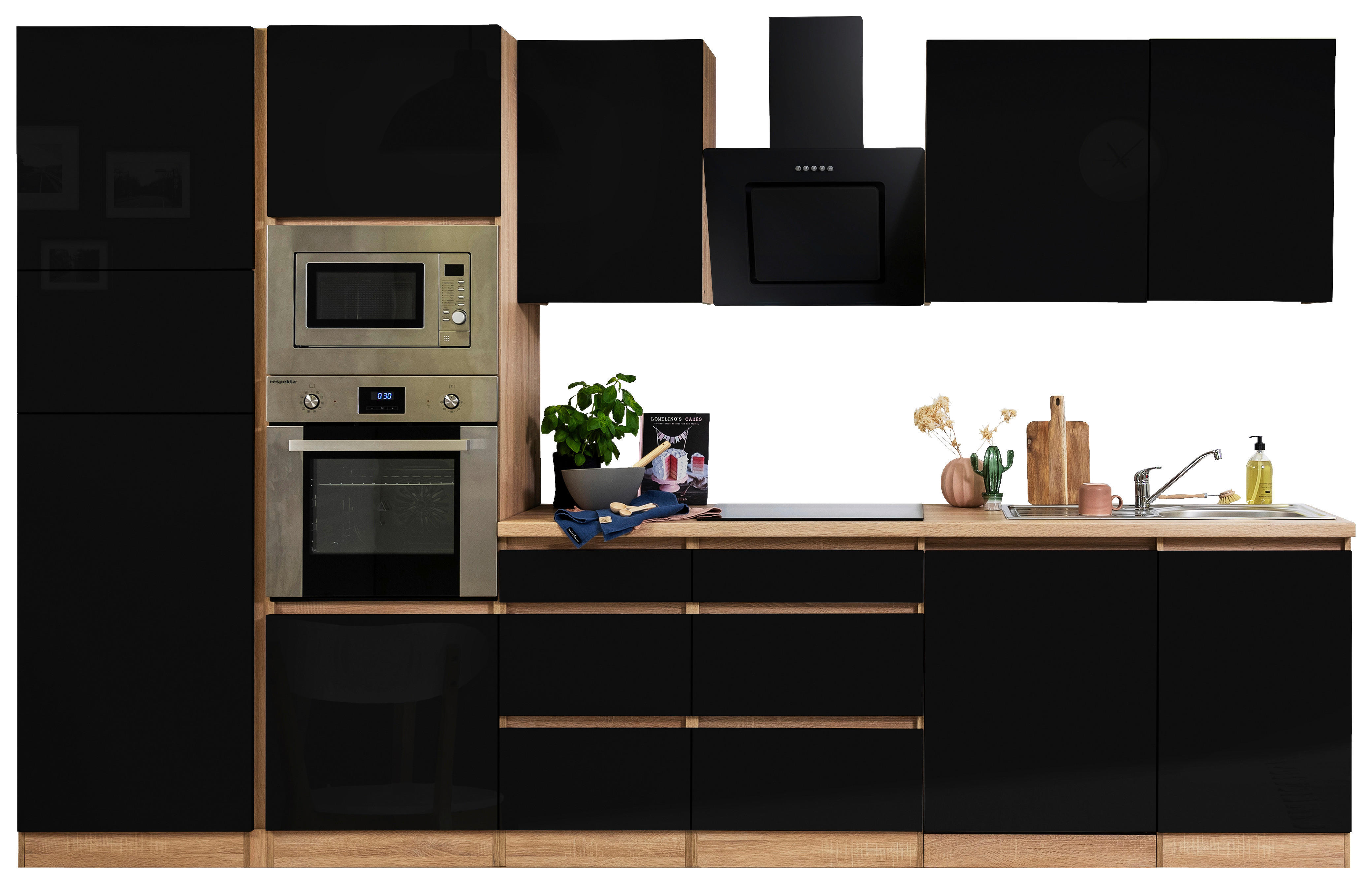 Respekta Küchenblock Premium schwarz hochglänzend B/H/T: ca. 345x220,5x60 cm Premium - Eiche/schwarz (345,00/220,50/60,00cm) - Respekta