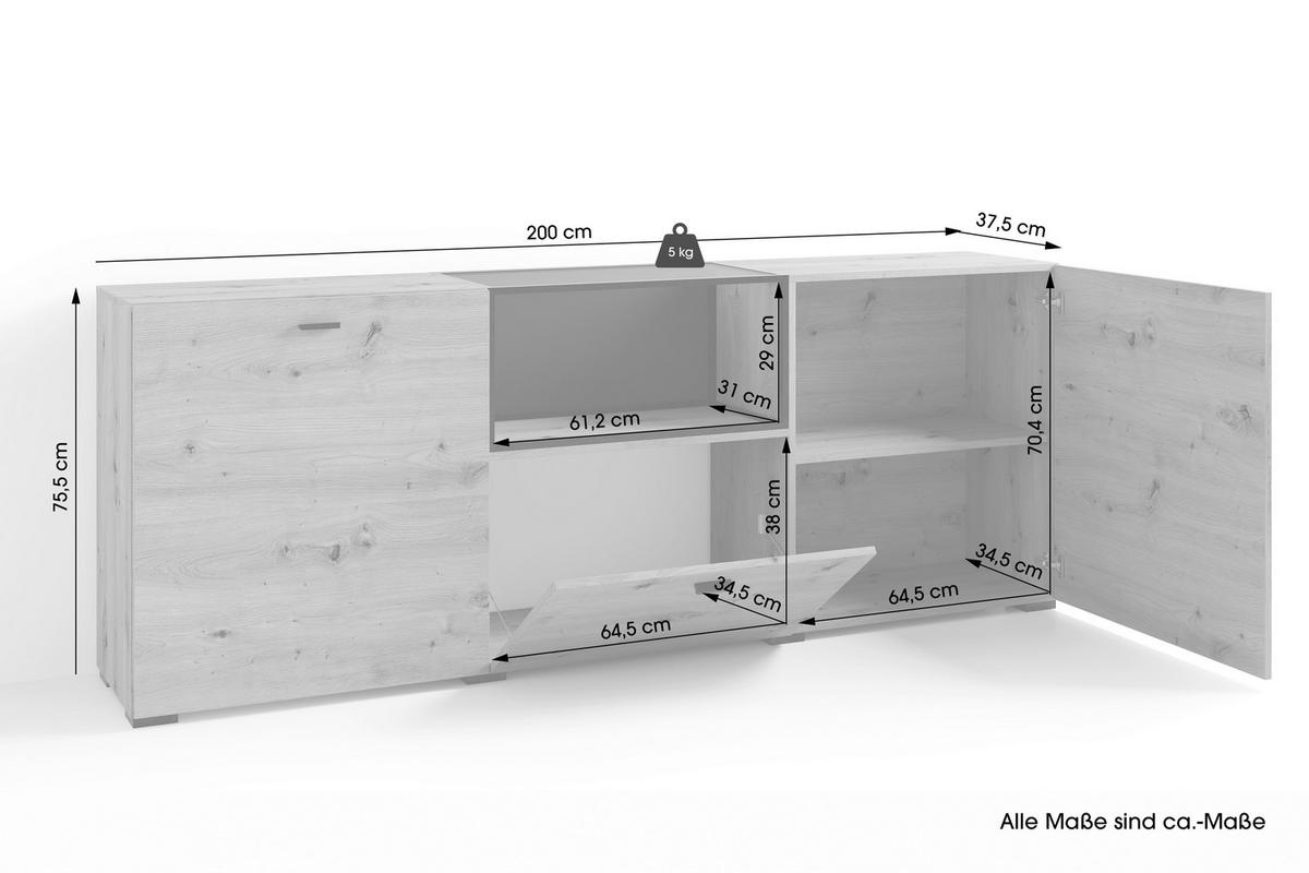 Sideboard FRAME Eiche schwarz B/H/T: ca. 200x75,5x37,5 cm FRAME - Eiche/schwarz (200,00/75,50/37,50cm) - byLIVING