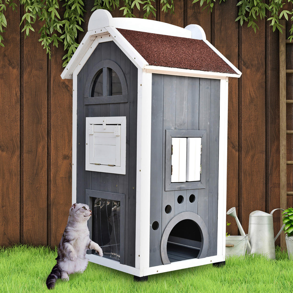 PawHut Katzenvilla grau Holz B/H/L: ca. 55x109x59 cm Katzenvilla - weiß/grau (59,00/55,00/109,00cm) - PawHut