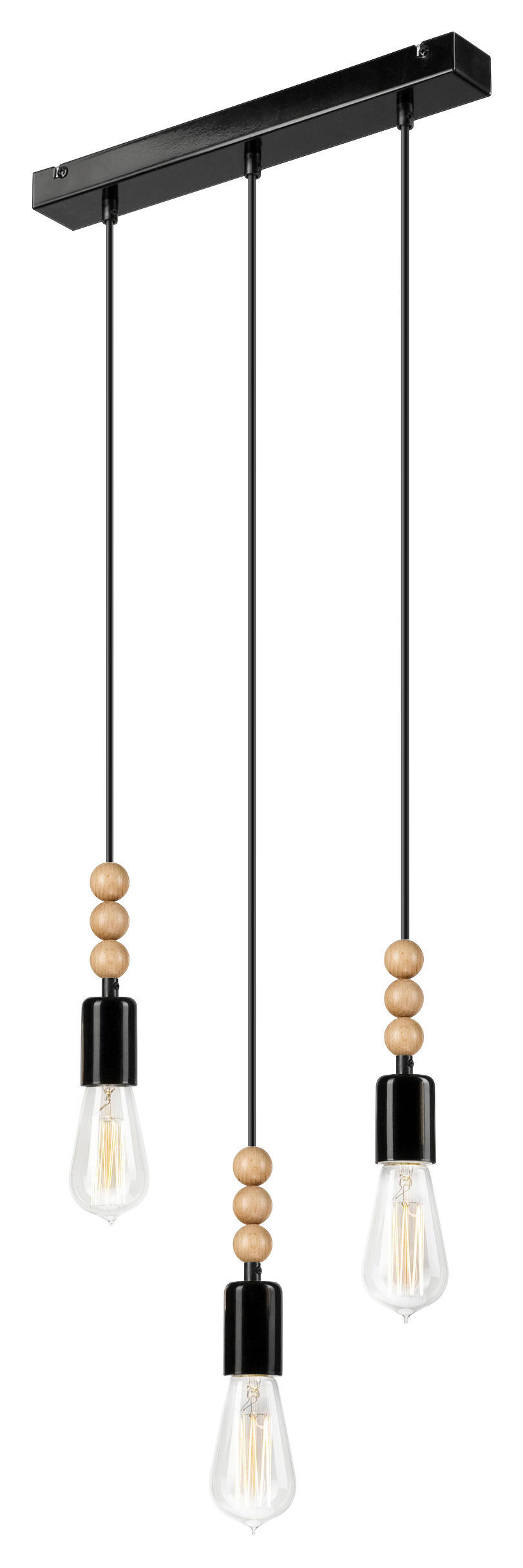 Lamkur Pendelleuchte SIMON 37363 schwarz Stahl Holz H/L: ca. 94x40 cm E27 3 Brennstellen Simon - schwarz (40,00cm) - Lamkur