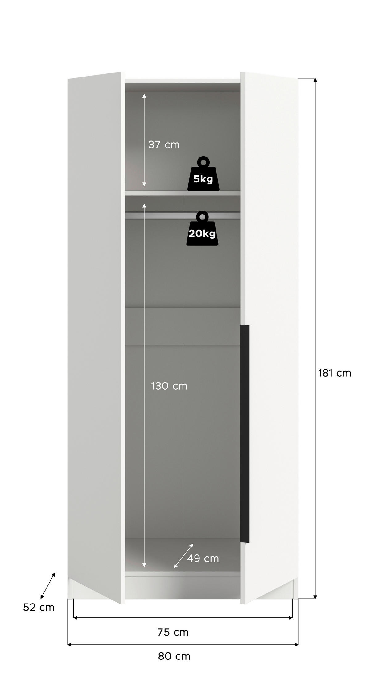 Kleiderschrank KOPENHAGEN weiß B/H/T: ca. 80x181x52 cm KOPENHAGEN - weiß (80,00/181,00/52,00cm) - xonox.home