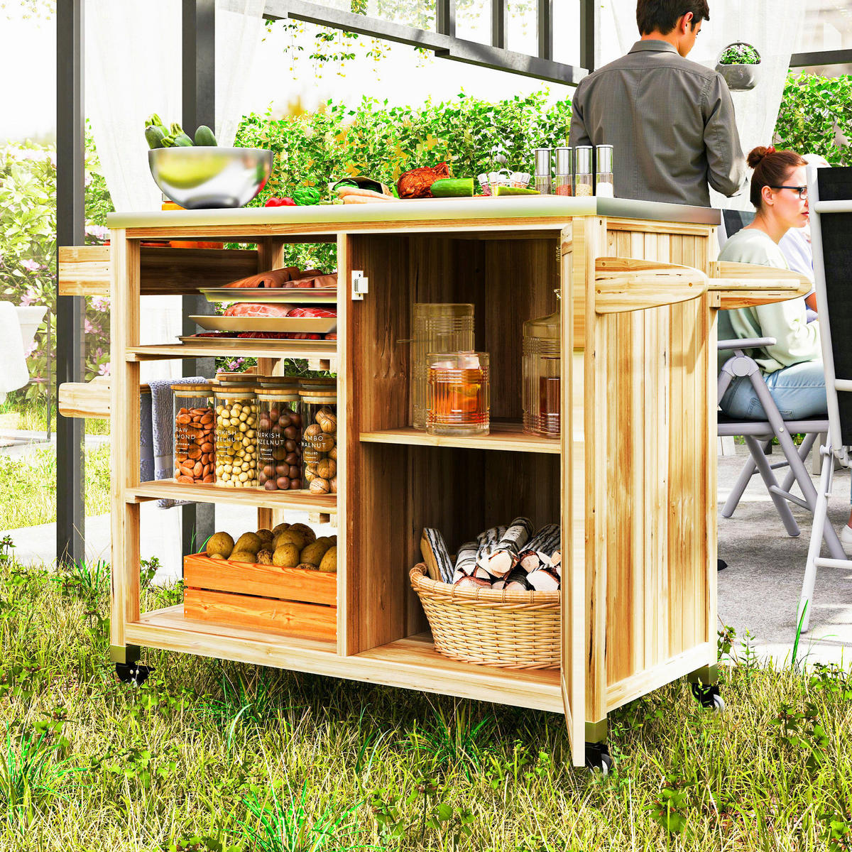 Outsunny Grillwagen Holz B/H/L: ca. 50x91,5x134,5 cm Grillwagen - natur (134,50/50,00/91,50cm) - Outsunny