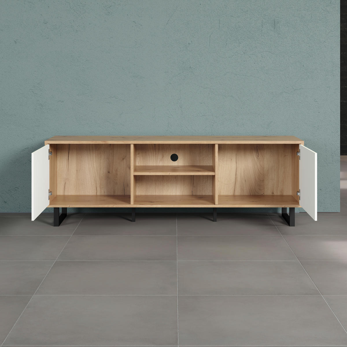 TV-Lowboard Aventura weiß matt Eiche Artisan Nachbildung B/H/T: ca. 154x52x40 cm Aventura - Eiche/weiß (154,00/52,00/40,00cm) - Trendteam