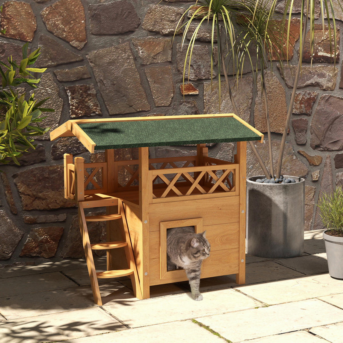PawHut Katzen-Zubehör grün Edelstahl B/H/L: ca. 50x77x73 cm Katzenhaus - natur/grün (73,00/50,00/77,00cm) - PawHut