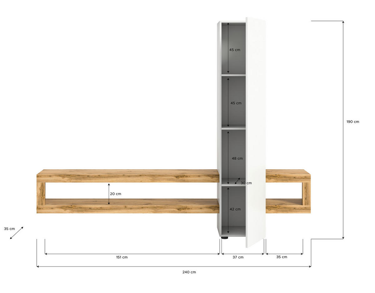 Wohnwand Samba weiß Eiche Wotan Nachbildung B/H/T: ca. 240x190x35 cm Samba - Eiche/weiß (240,00/190,00/35,00cm) - xonox.home