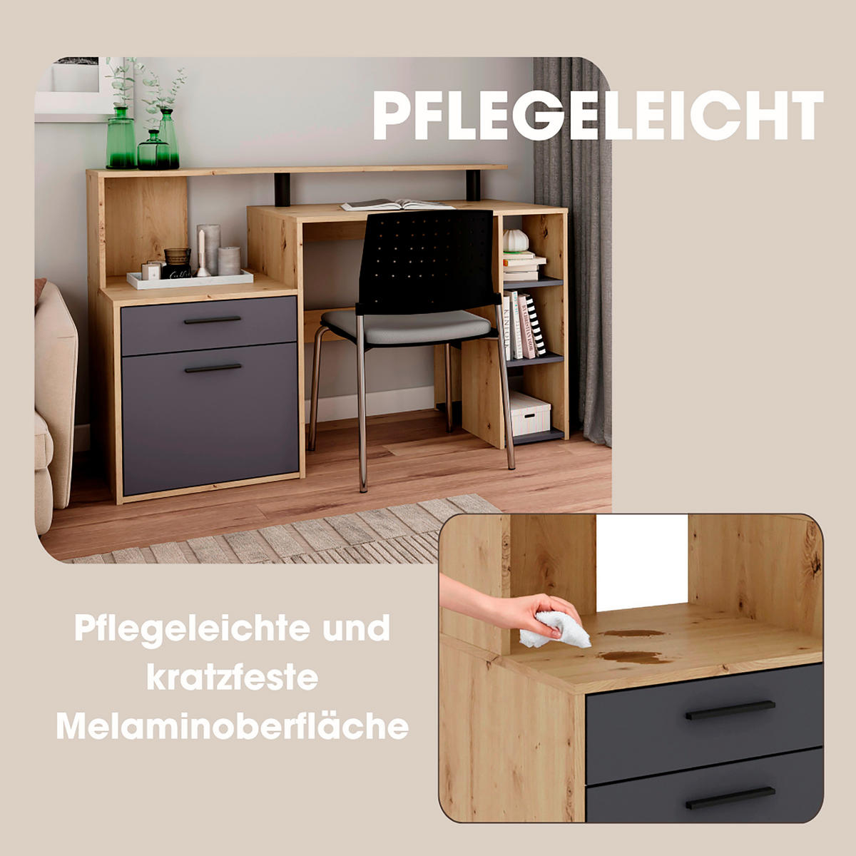 Schreibtisch LOUIS Eiche anthrazit B/H/T: ca. 140x89x55 cm LOUIS - Eiche/anthrazit (140,00/89,00/55,00cm) - byLIVING