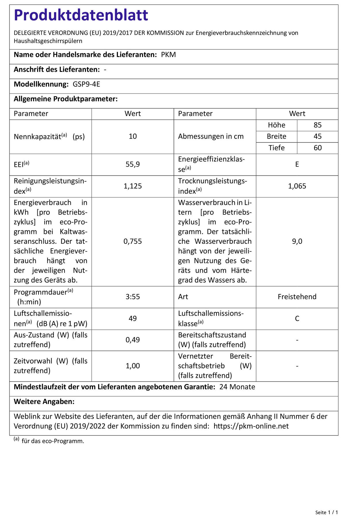 PKM Geschirrspüler GSP9-4E weiß B/H/T: ca. 45x85x60 cm Geschirrspüler GSP9-4E - weiß (45,00/85,00/60,00cm) - PKM