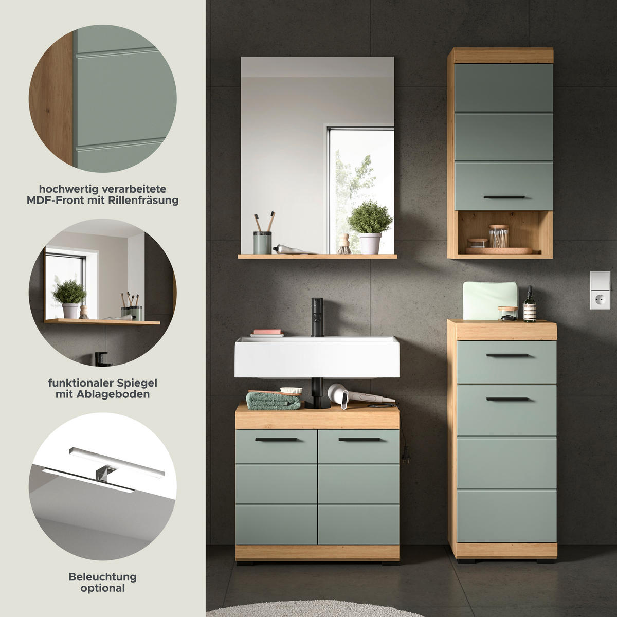 Badezimmer-Set Scout Eiche Artisan Nachbildung salbei Nachbildung B/H/T: ca. 112x191x34 cm Scout - Eiche/salbei (112,00/191,00/34,00cm) - xonox.home