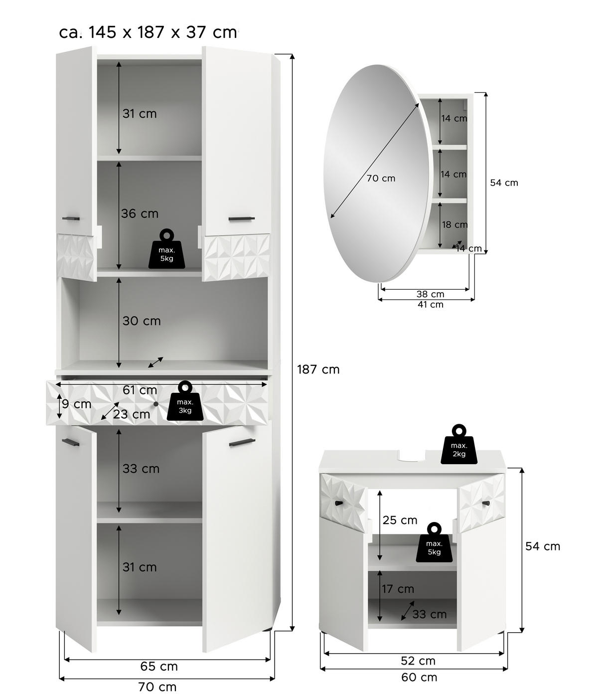 Badezimmer-Set Prisma weiß B/H/T: ca. 176x187x37 cm Prisma - weiß (176,00/187,00/37,00cm) - xonox.home