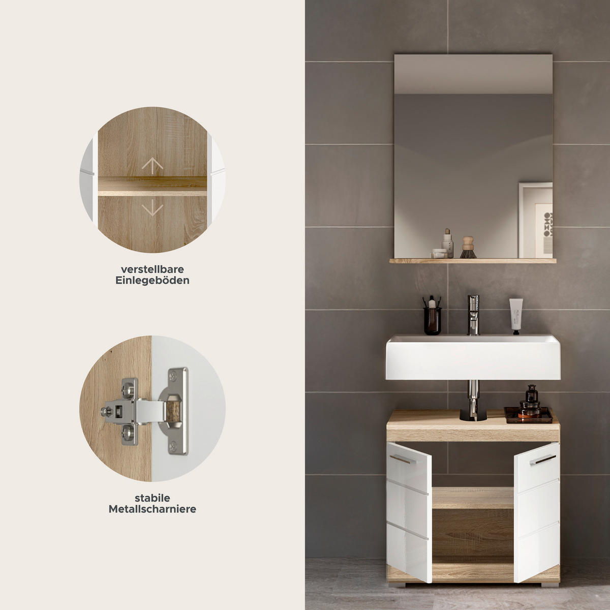 Badezimmer-Set Lambada Eiche Sonoma Nachbildung weiß Hochglanz B/H/T: ca. 60x191x34 cm Lambada - Eiche/weiß (60,00/191,00/34,00cm) - xonox.home