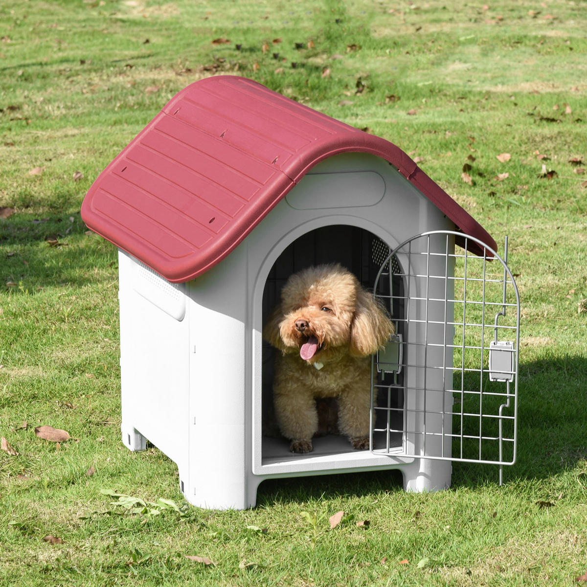 PawHut Hundehütte rot Kunststoff B/H/L: ca. 75x66x59 cm Hundehütte - hellgrau/rot (59,00/75,00/66,00cm) - PawHut