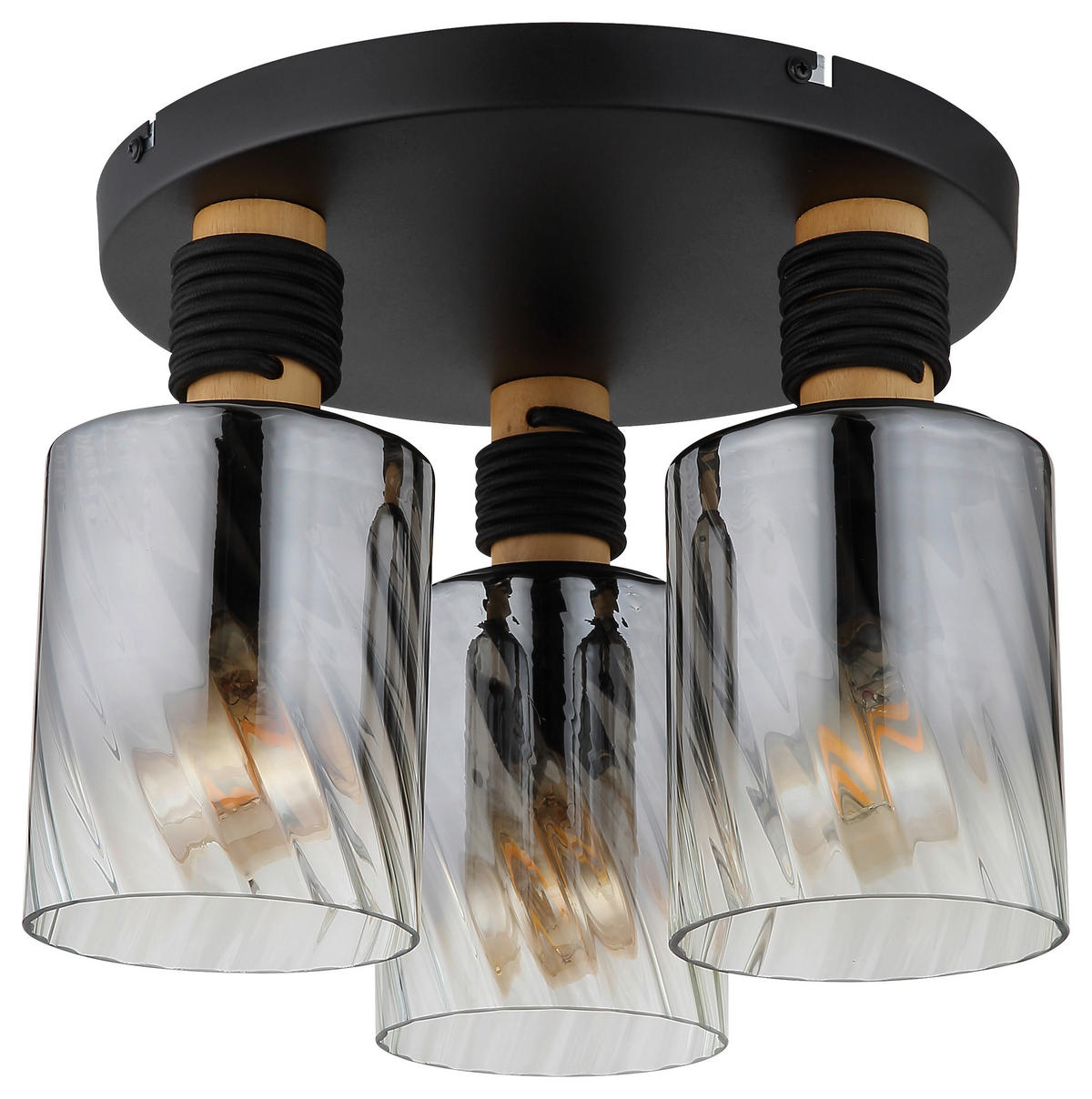 GLOBO Deckenleuchte mattschwarz braun Rauch Holz Metall Glas H/D: ca. 25,4x32 cm E27 3 Brennstellen Osborne - braun/mattschwarz (32,00/25,40cm) - GLOBO