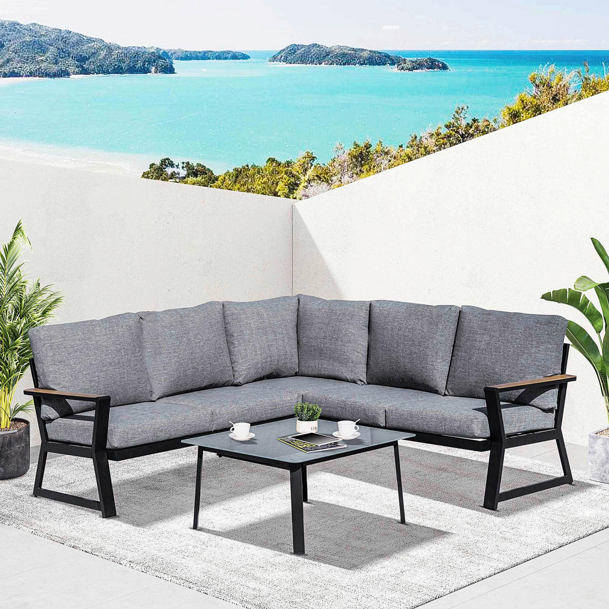 Outsunny Loungeset grau Aluminium B/H/T: ca. 205x74x72 cm Loungeset - grau (205,00/74,00/72,00cm) - Outsunny