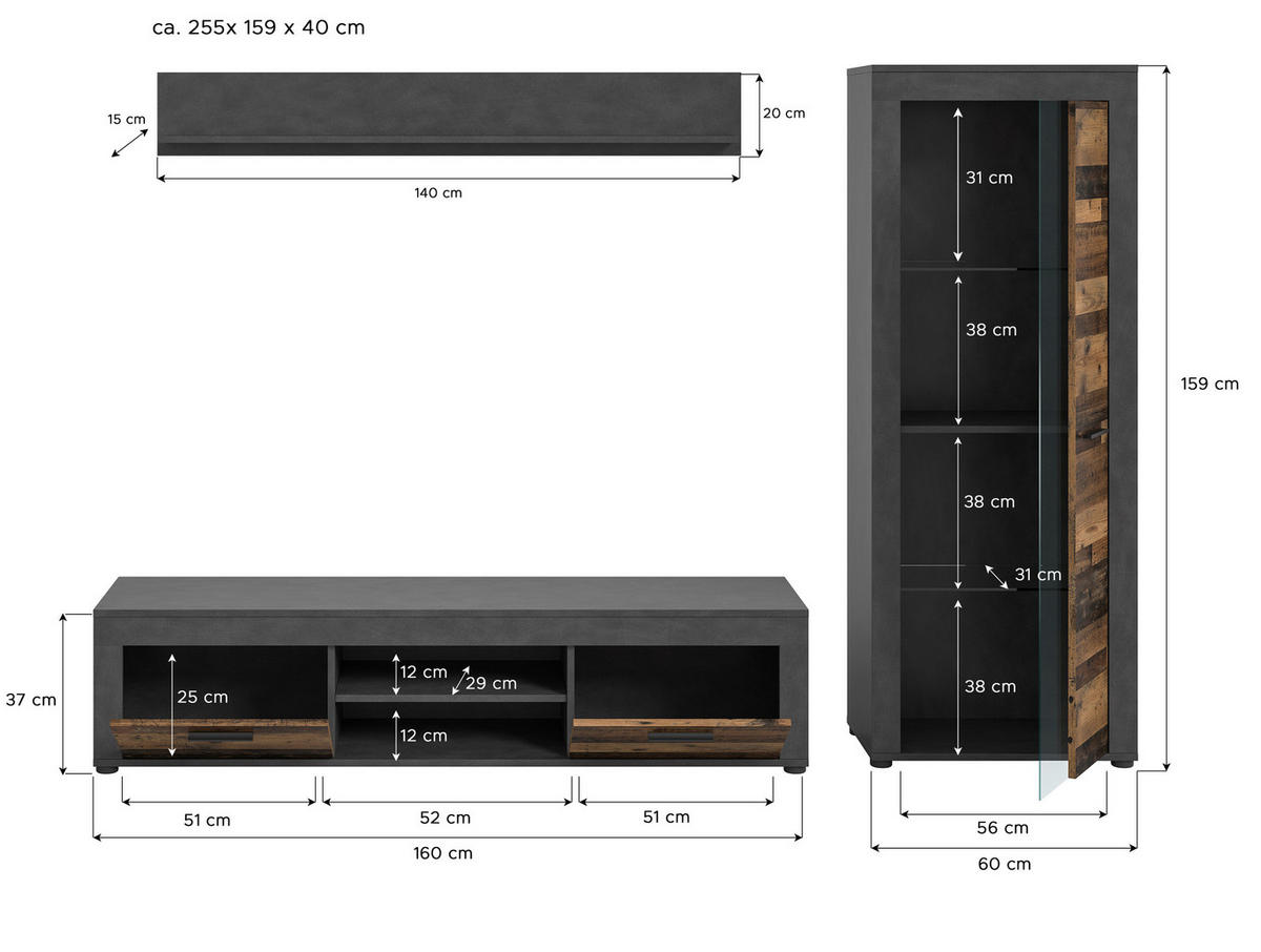 Wohnwand Jam Matera Nachbildung Old Wood Nachbildung B/H/T: ca. 159x235x35 cm Jam - (159,00/235,00/35,00cm) - xonox.home