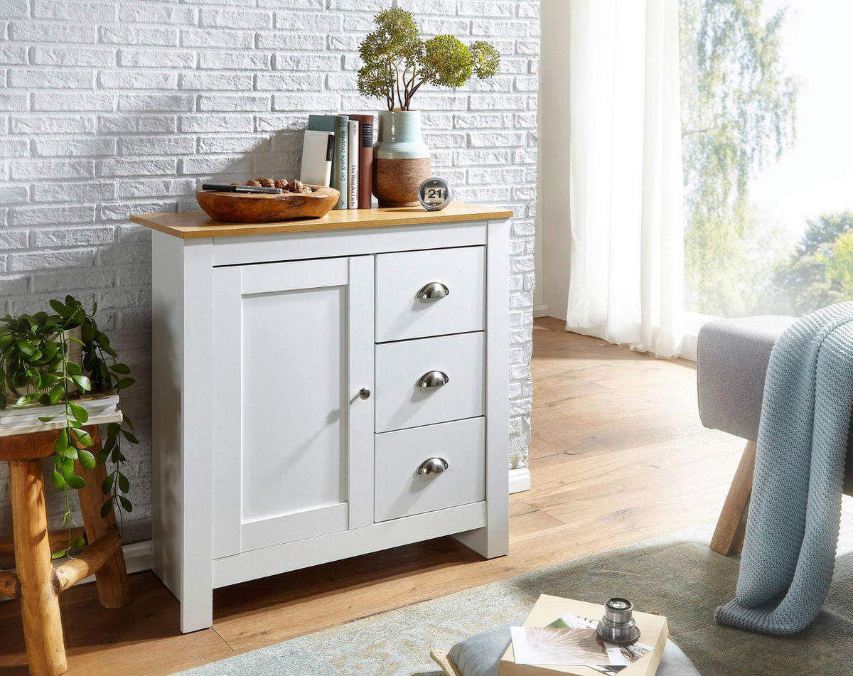 Sideboard weiß natur B/H/T: ca. 79x81x35 cm Sideboard - weiß/natur (79,00/81,00/35,00cm) - Wohnling
