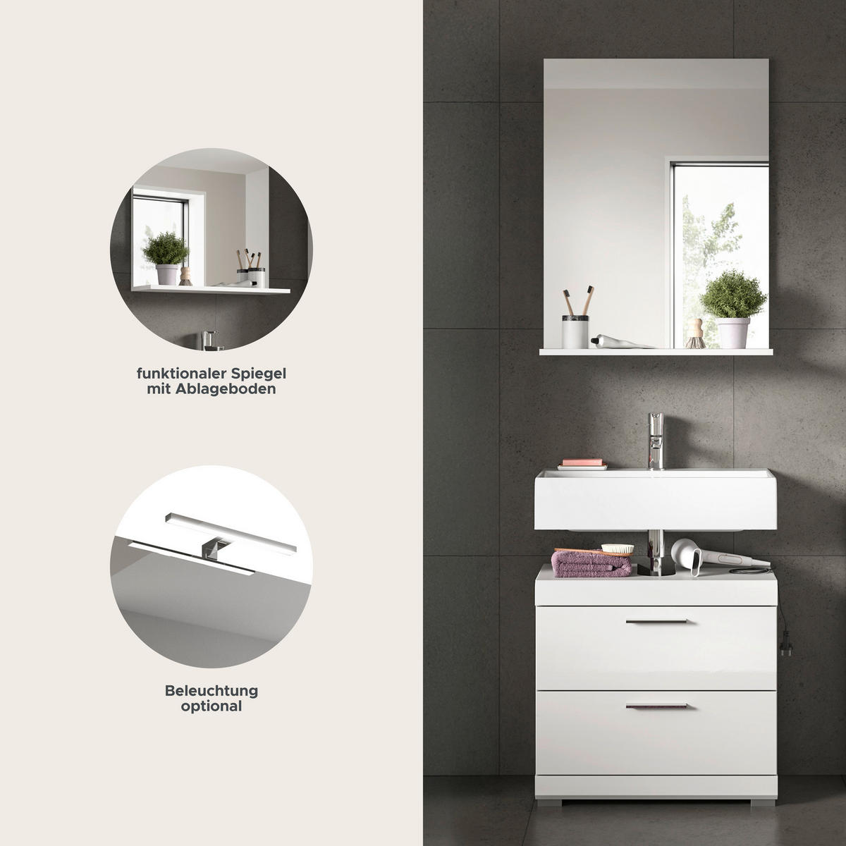 Badezimmer-Set Scout weiß weiß Hochglanz B/H/T: ca. 60x191x37 cm Scout - weiß (60,00/191,00/37,00cm) - xonox.home