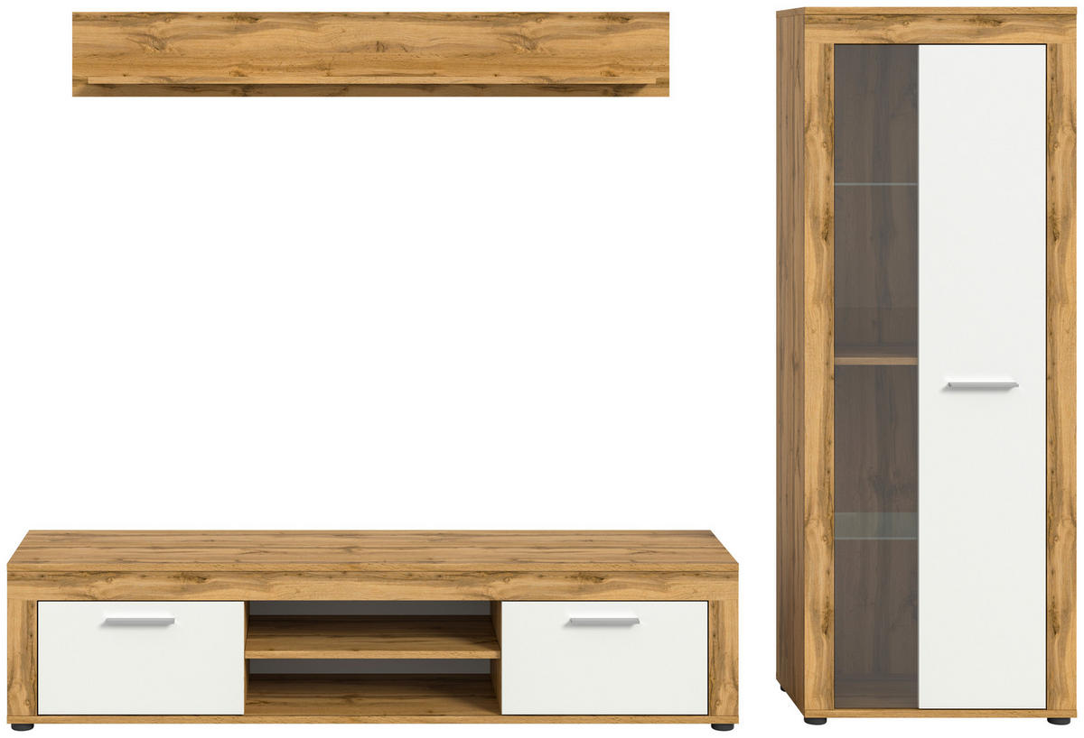 Wohnwand Jam Eiche Wotan Nachbildung weiß B/H/T: ca. 235x159x35 cm Jam - Eiche/weiß (235,00/159,00/35,00cm) - xonox.home