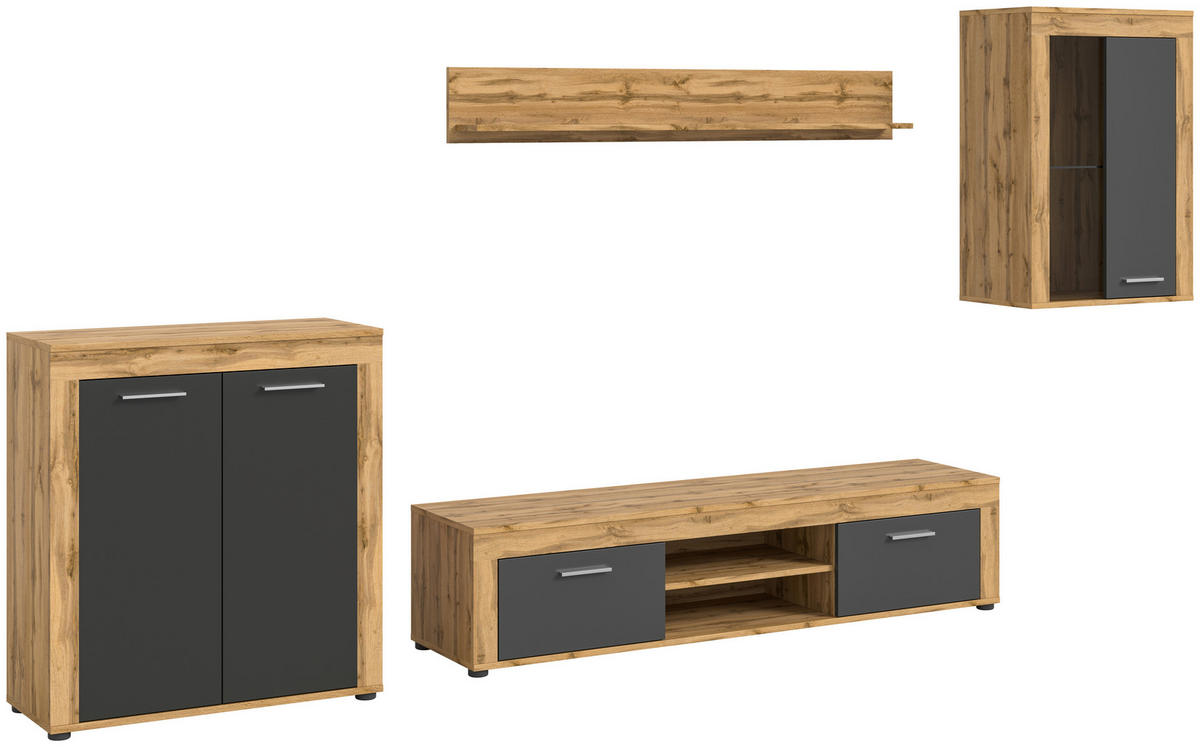Wohnwand Jam Eiche Wotan Nachbildung grau B/H/T: ca. 330x169x35 cm Jam - Eiche/grau (330,00/169,00/35,00cm) - xonox.home