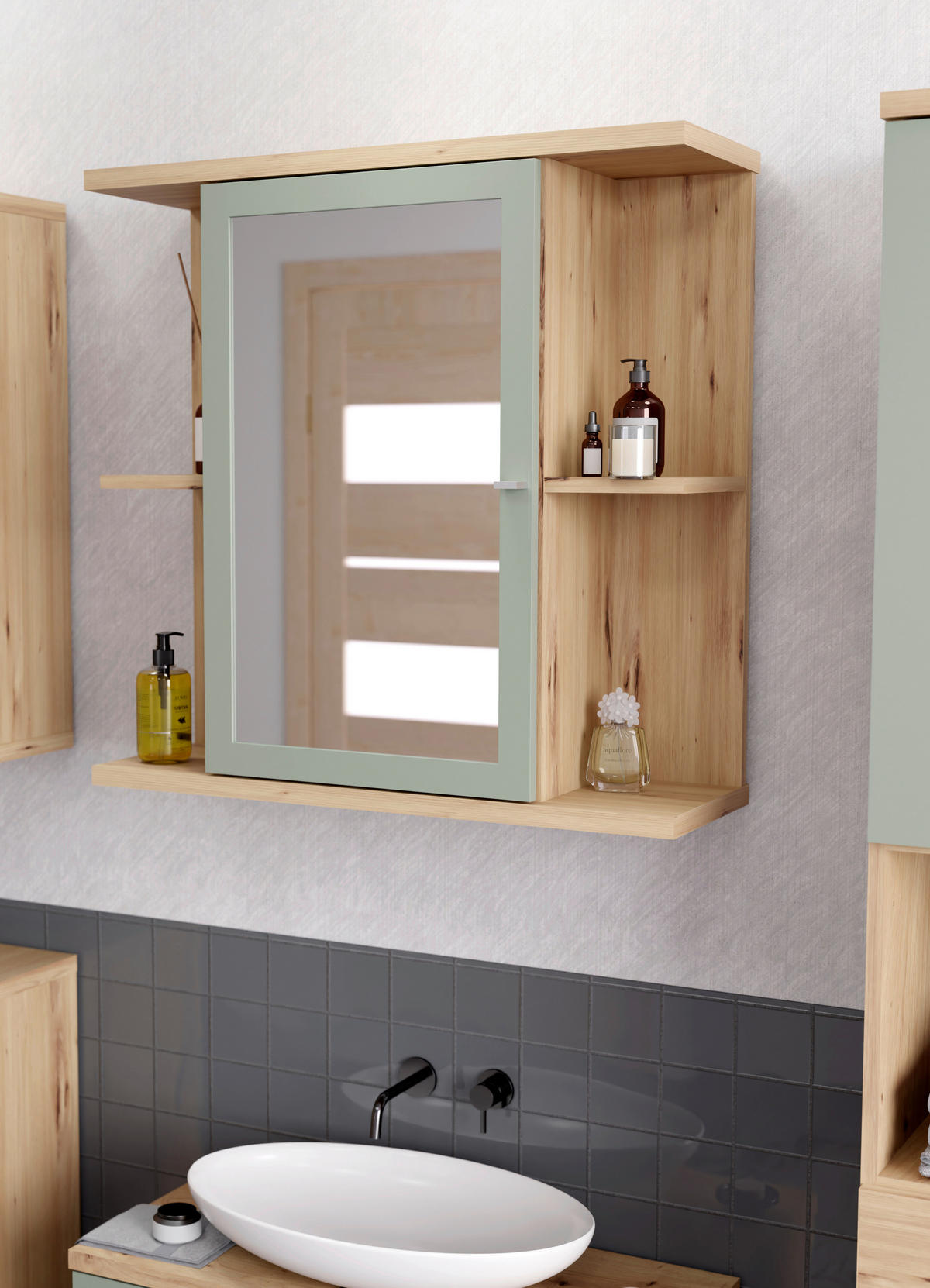 Spiegelschrank  Eiche Artisan Nachbildung salbei B/H/T: ca. 70x69x23 cm Champ_Spiegelschrank CMPV063-M888 - Eiche/salbei (70,00/69,00/23,00cm)