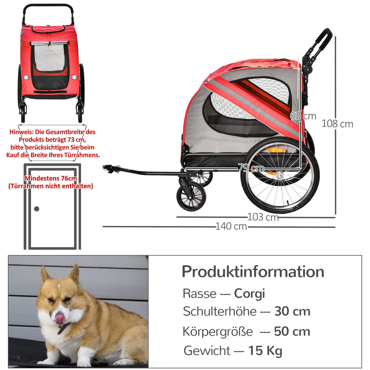PawHut Hunde-Zubehör rot Polyester B/H/L: ca. 72,5x140x108 cm Hundwagen - rot (108,00/72,50/140,00cm) - PawHut