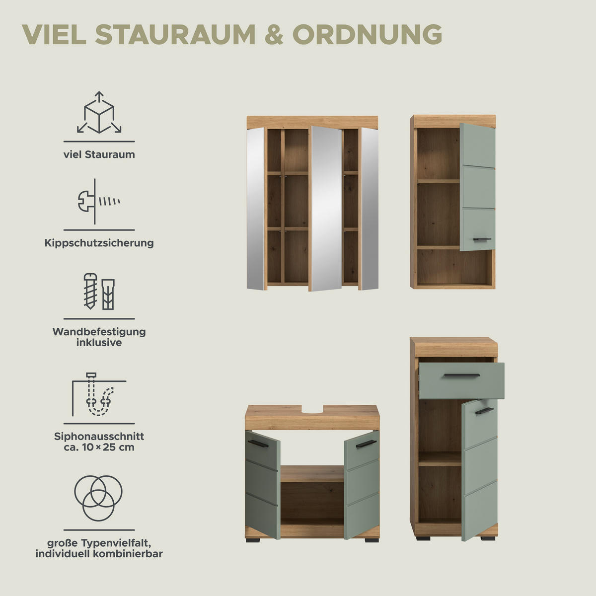 Badezimmer-Set Scout Eiche Artisan Nachbildung salbei Nachbildung B/H/T: ca. 112x191x34 cm Scout - Eiche/salbei (112,00/191,00/34,00cm) - xonox.home