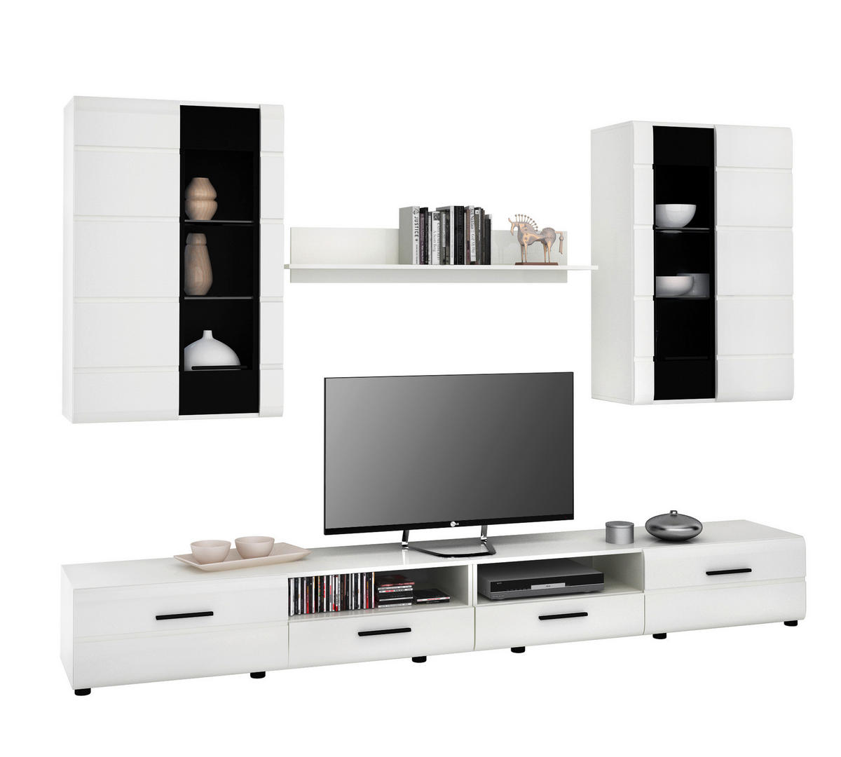 Wohnwand Kiel weiß weiß Hochglanz B/H/T: ca. 270x190x42 cm Kiel - weiß (270,00/190,00/42,00cm)