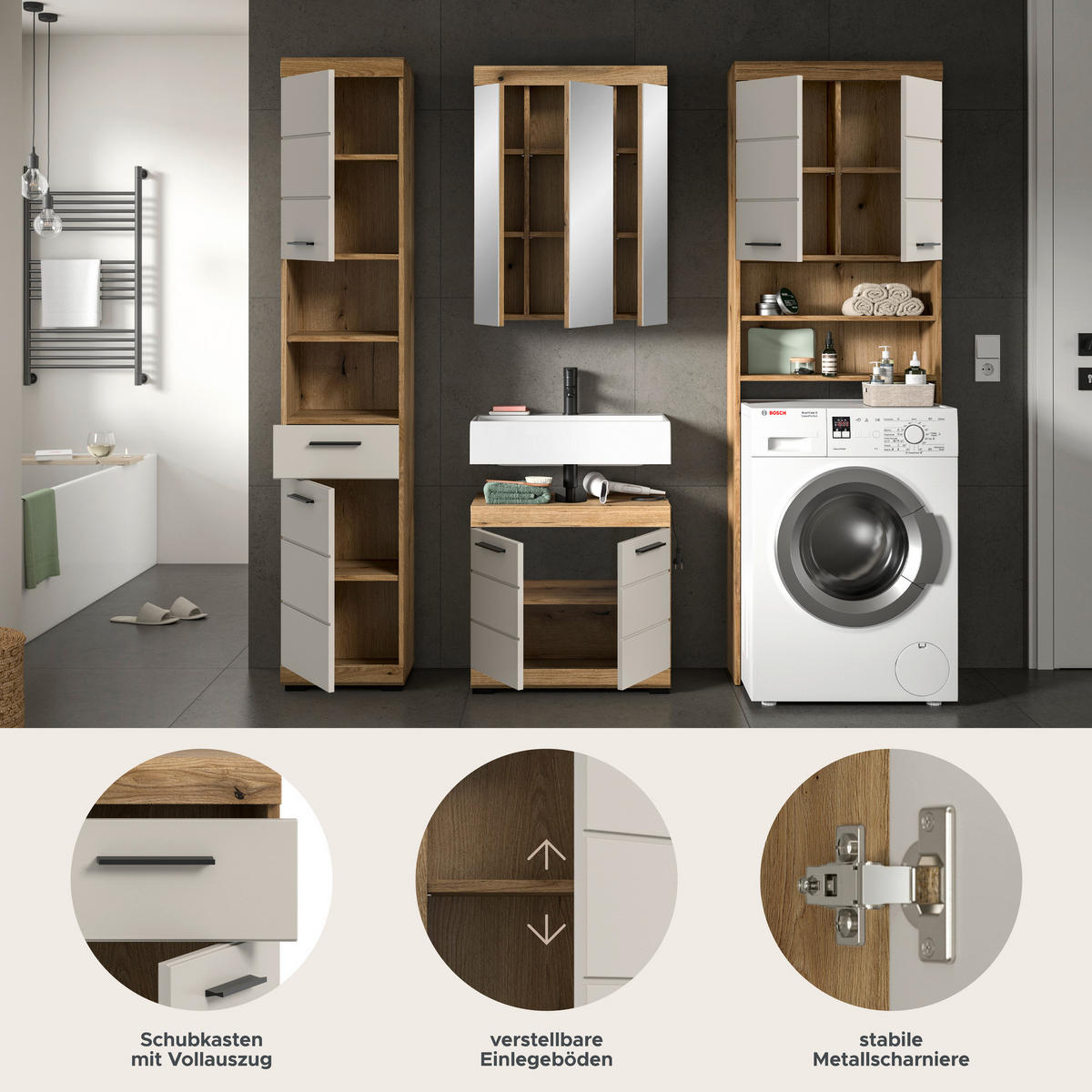 Badezimmer-Set Scout Evoke Oak Nachbildung Kaschmirgrau Nachbildung B/H/T: ca. 190x191x34 cm Scout - Kaschmirgrau (190,00/191,00/34,00cm) - xonox.home