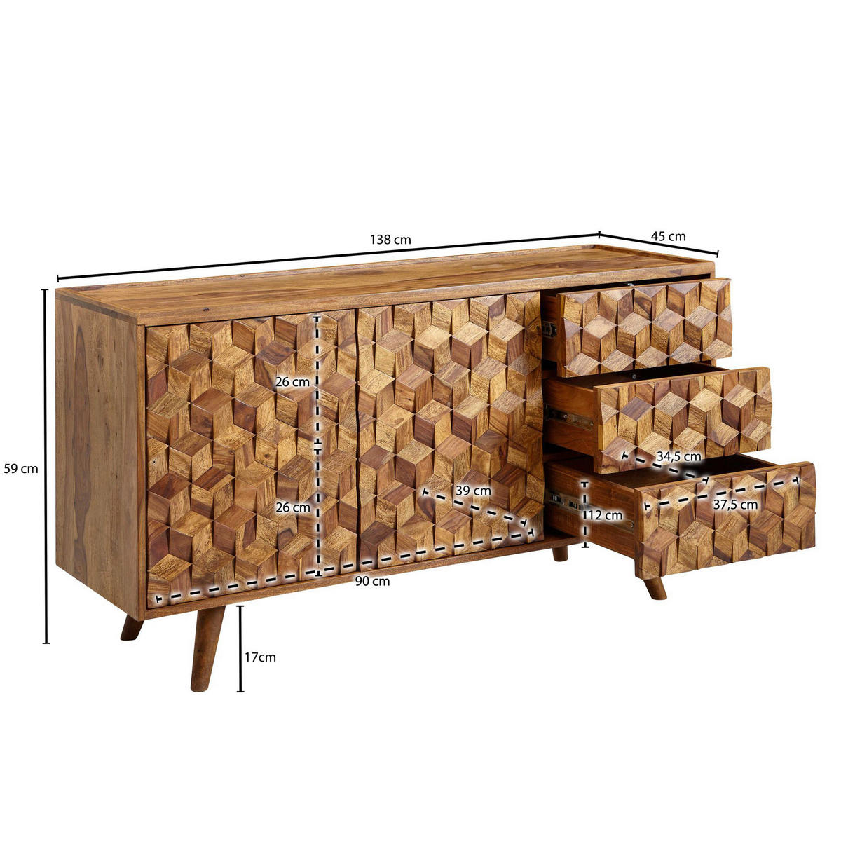 Sideboard rosenholz Nachbildung B/H/T: ca. 138x76x45 cm Sideboard - rosenholz (138,00/76,00/45,00cm) - Wohnling