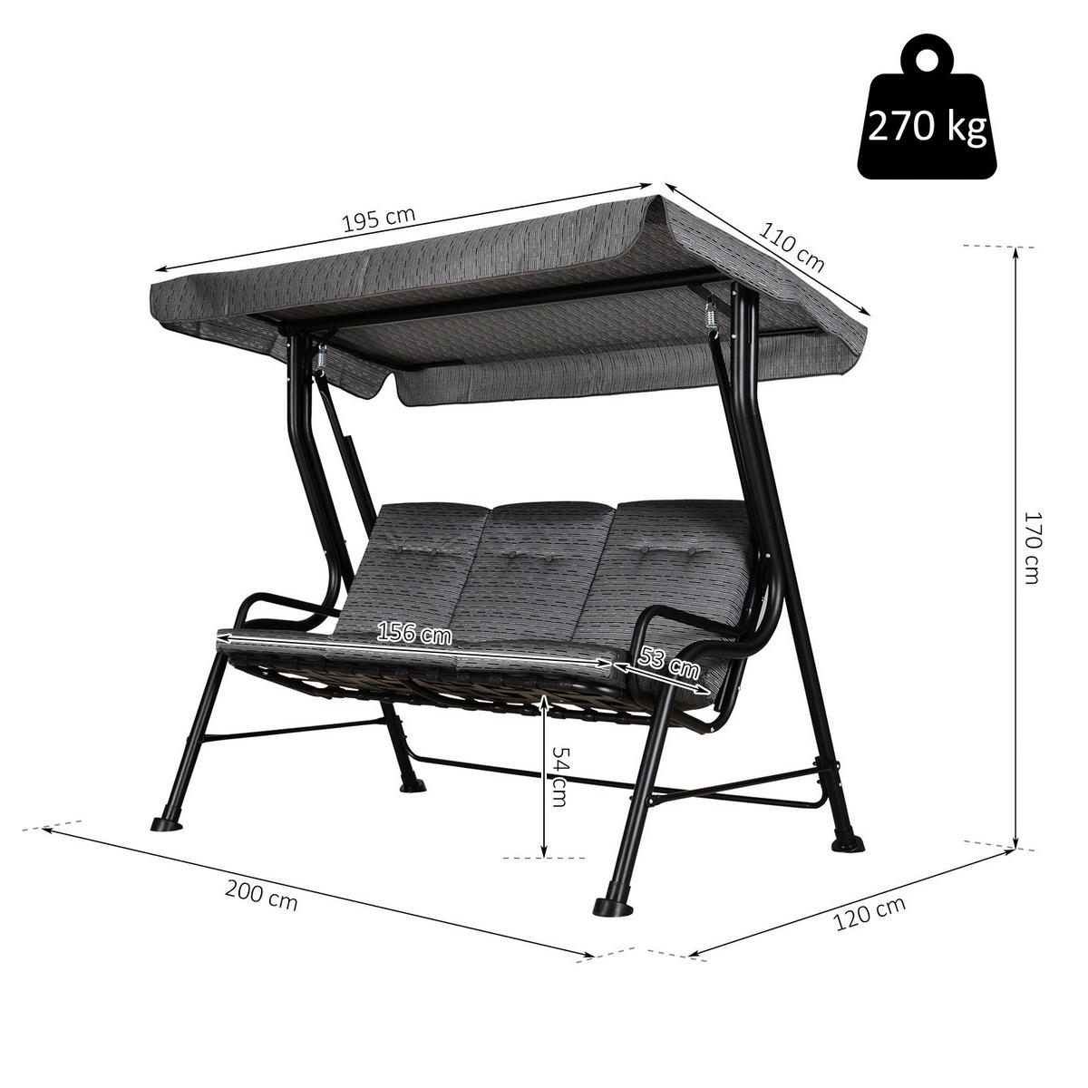 Outsunny Hollywoodschaukel schwarz Stahl B/H/T: ca. 200x170x120 cm Hollywoodschaukel_3-Sitzer - schwarz (200,00/170,00/120,00cm) - Outsunny