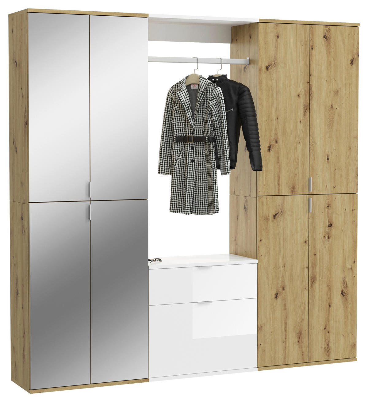 Garderobe PROJEKT Eiche Artisan Nachbildung weiß Hochglanz Spiegel B/H/T: ca. 183x193x34 cm PROJEKT - Eiche/weiß (183,00/193,00/34,00cm) - xonox.home