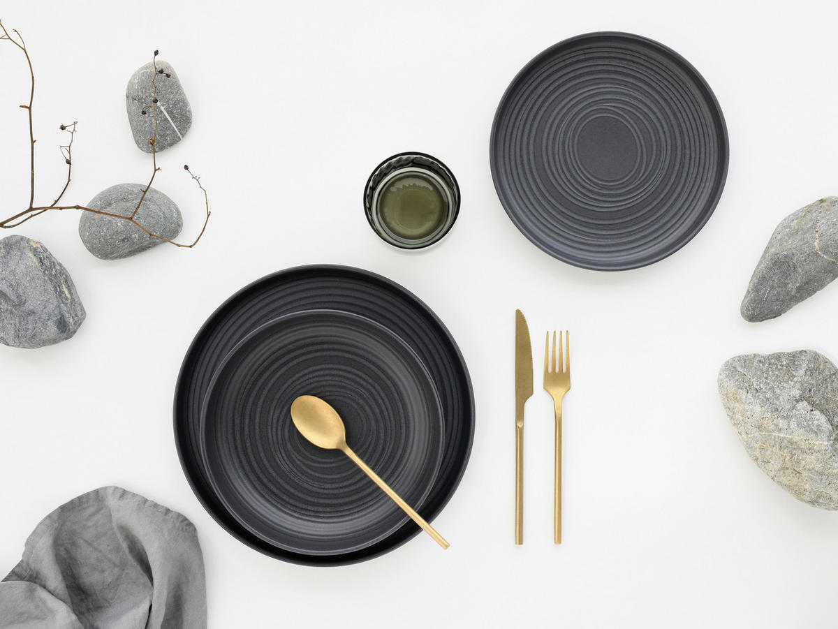 CreaTable Tafelservice Uno Black Lava Stone schwarz Steinzeug 12 tlg. Uno Black Lava Stone - schwarz - CreaTable