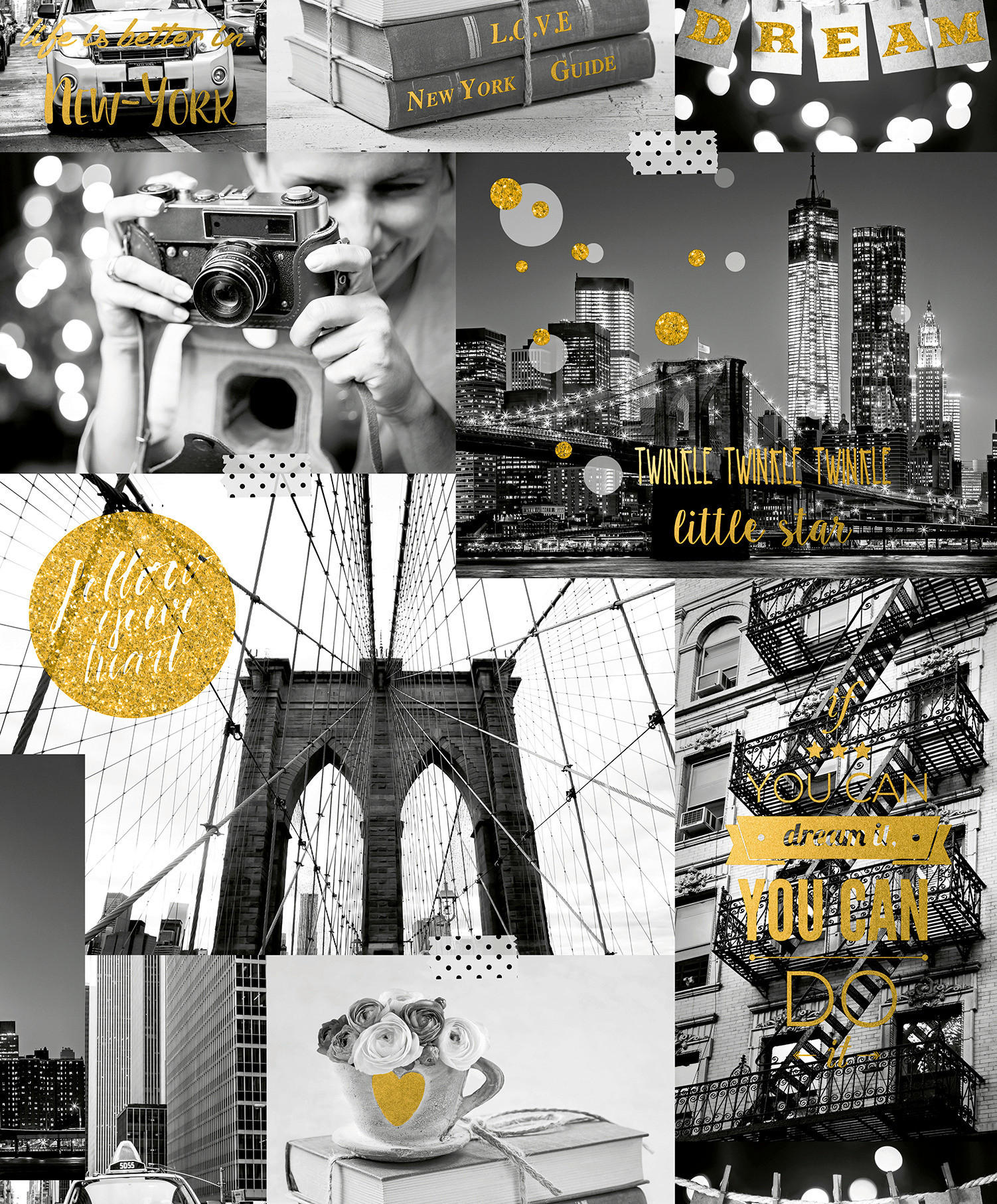 Thumbnail - Papiertapete New York grau schwarz gelb B/L: ca. 53x1005 cm