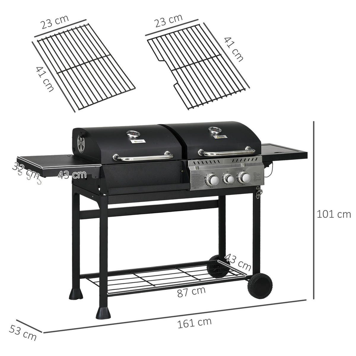 Outsunny Gas-/Kohlegrill Edelstahl B/H/L: ca. 53x101x161 cm Gas-/Kohlegrill - schwarz (161,00/53,00/101,00cm) - Outsunny