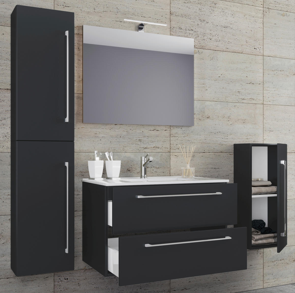 Waschplatz 5tlg-Badinos schwarz B/H/T: ca. 80x50x46 cm 5tlg-Badinos - schwarz (80,00/50,00/46,00cm) - VCM Möbel