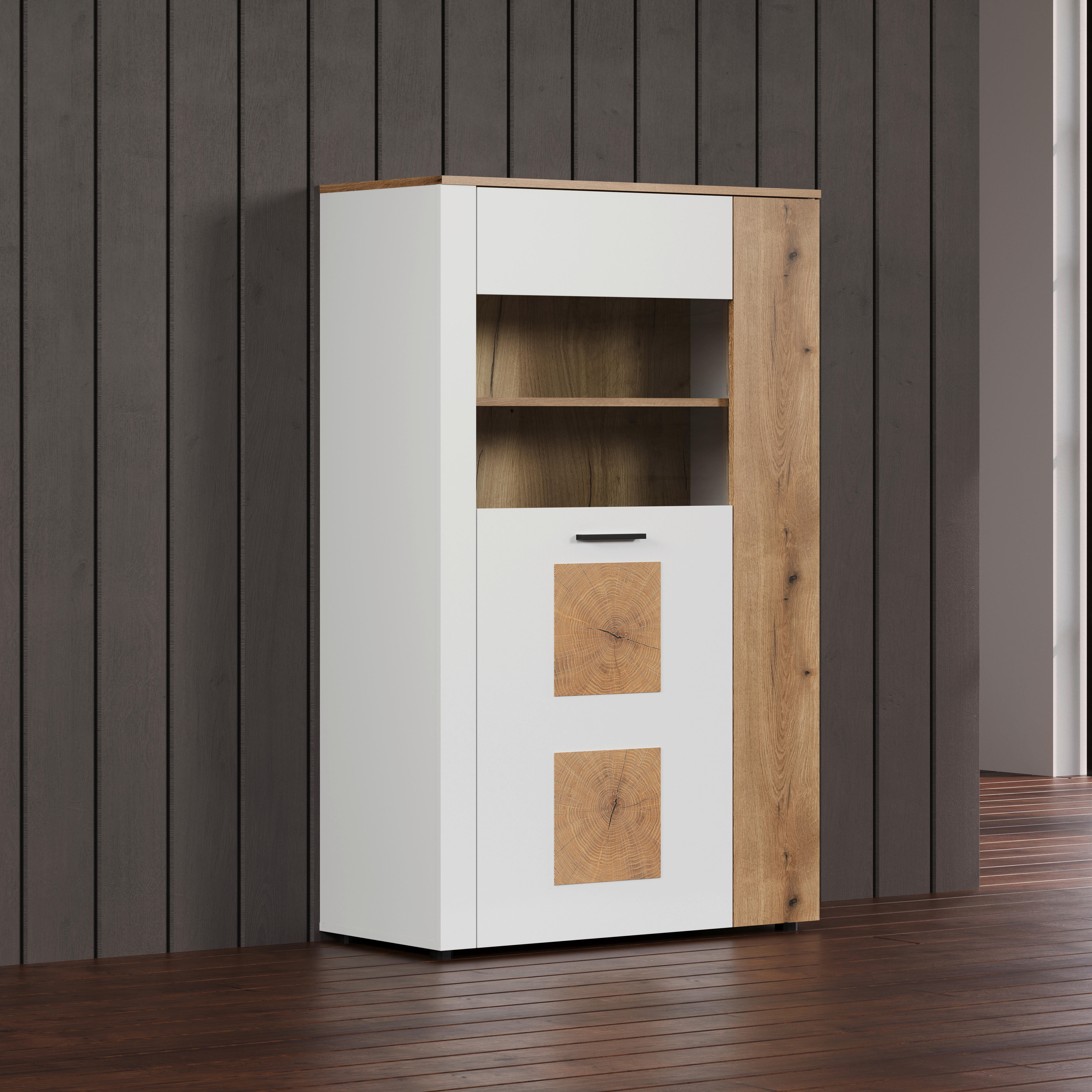 Vitrine Vitoria weiß Eiche Evoke Coast Nachbildung B/H/T: ca. 90x146x42 cm Vitoria - Eiche/weiß (90,00/146,00/42,00cm)